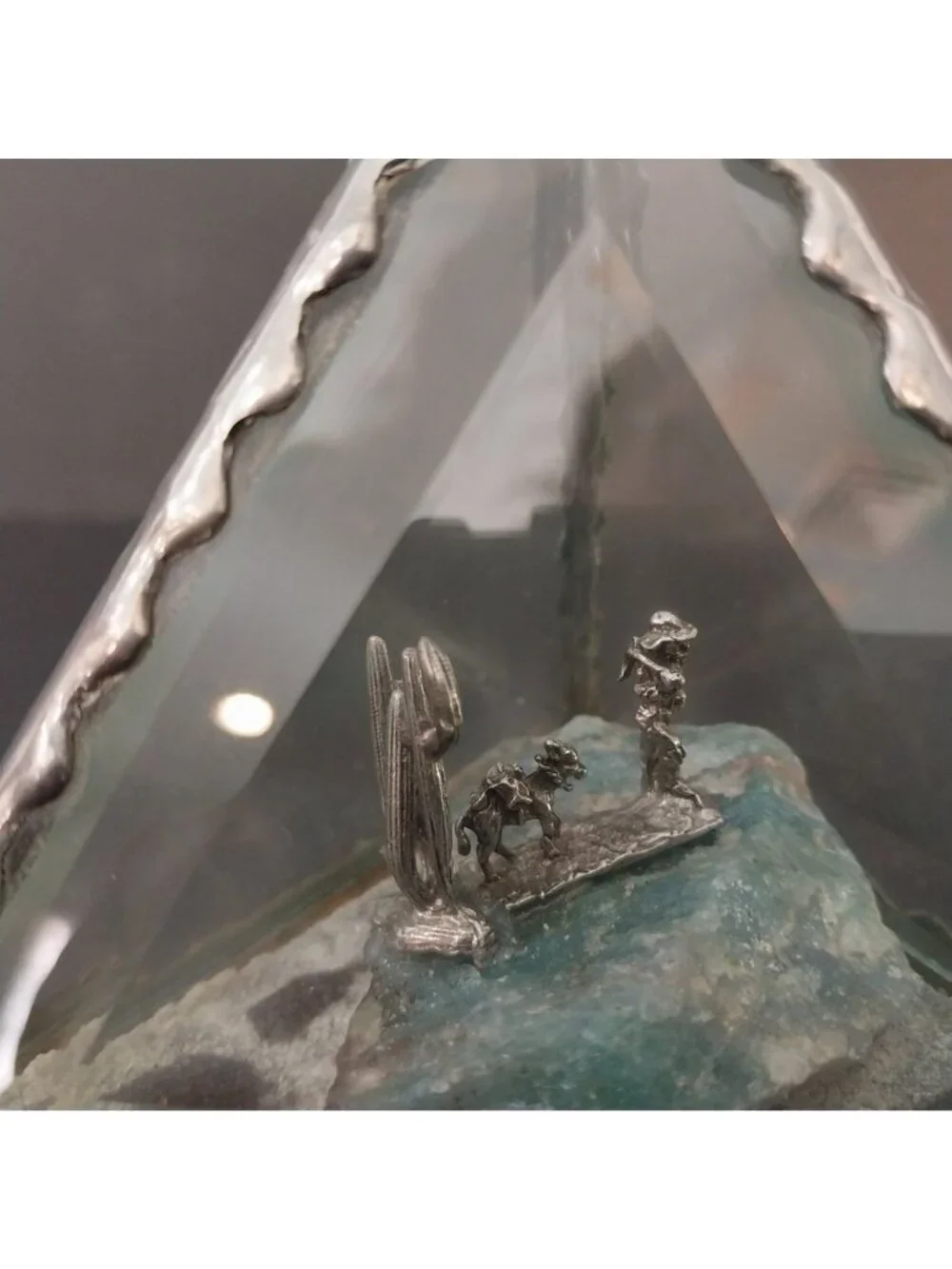 Beveled Glass And Pewter Pyramid Shaped Diorama Gold Miner Cactus Mule Burro